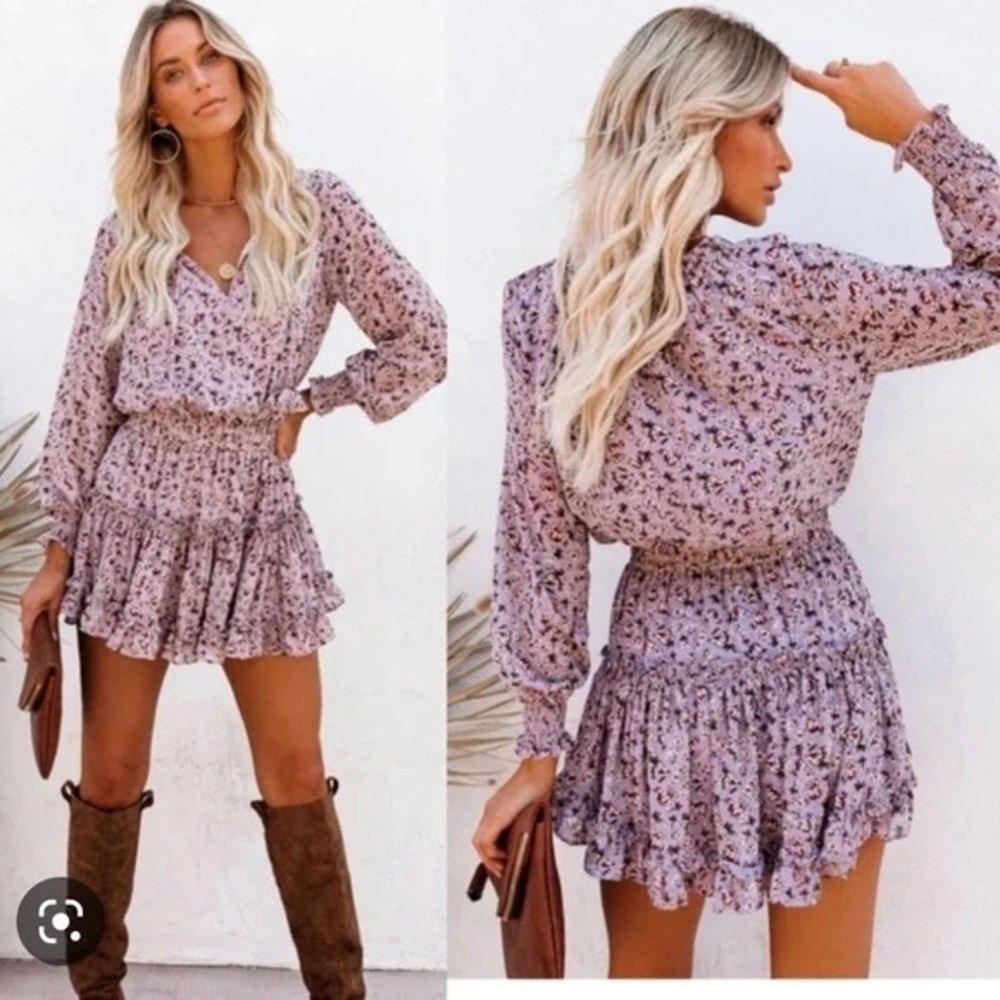 Skylar + Madison Floral Purple Woman's Mini Dress Accents Ruffle Size Large